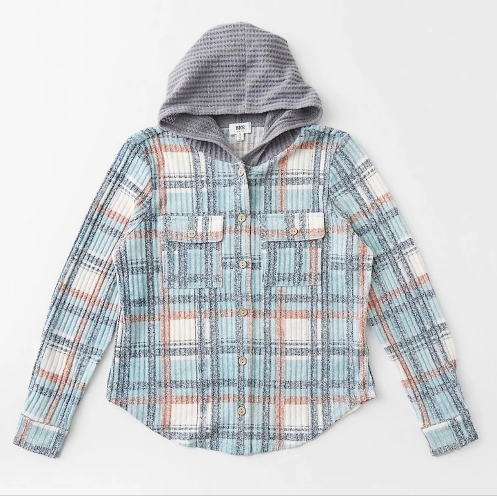 BKE Plaid Knit Hooded Shirt Youth Large